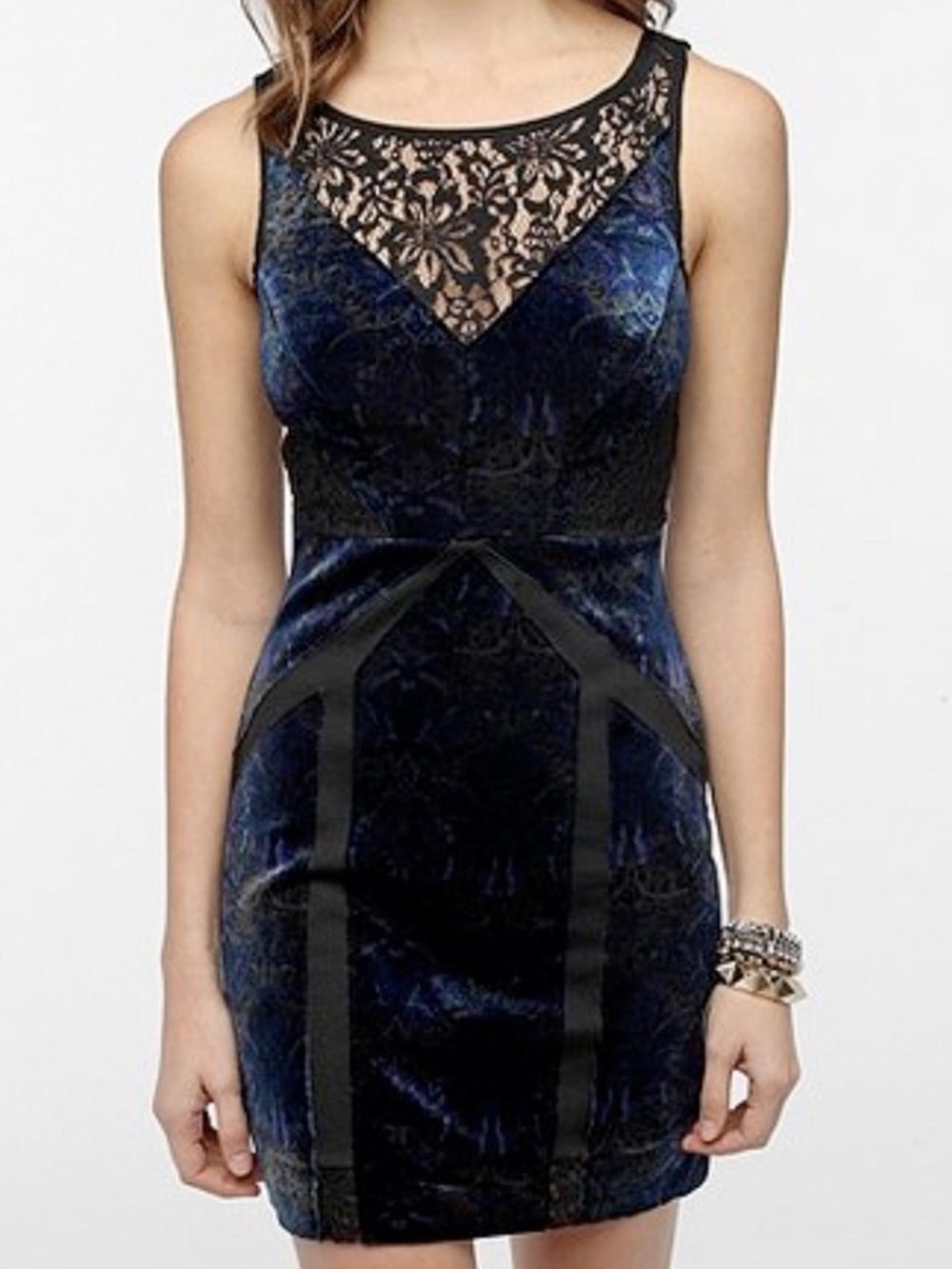 Mini velvet cocktail dress with blue purple green color shift lace mech cutouts